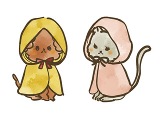 レインコートを着た犬と猫-水彩