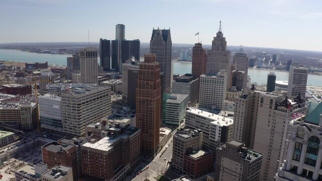 Great Downtown Detroit Skyline Aerial Fly Back Reveal City