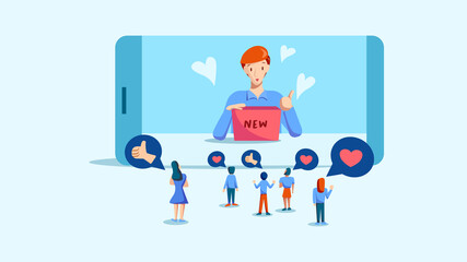 Social media male influencer marketing, type of promotion and advertisement. A male showing a product with audiences or customers who love and like, vector illustration