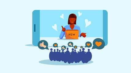 Social media black female influencer marketing, type of promotion and advertisement. An African -American woman showing a product with audiences or customers who love and like, vector illustration