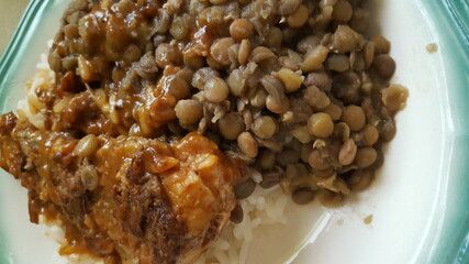 Fried, Stewed Fish and Lentils with rice