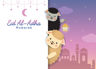 Eid al adha mubarak template or copy space. Cute cartoon black sheep and white sheep with mosque & fanous lantern. Festival of Sacrifice vector illustration.