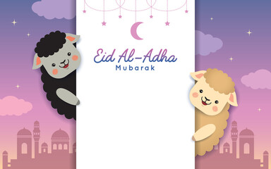 Eid al adha mubarak template or copy space. Cute cartoon black sheep and white sheep with mosque. Festival of Sacrifice vector illustration.
