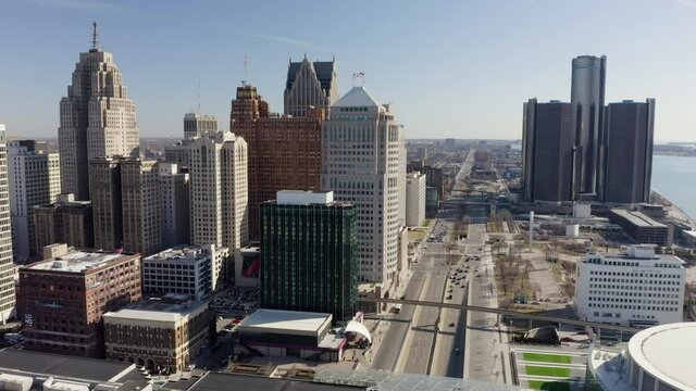 Aerial Detroit Downtown Morning Sunny Flying Right