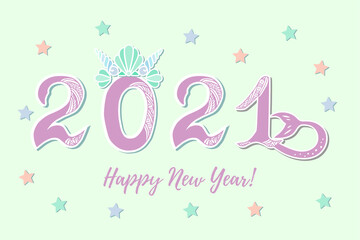 Happy New Year 2021 with Merimaid's Sea Shell Crown and tail as Happy New Year postcard, party invitation, postcard motive, Merry Christmas card.