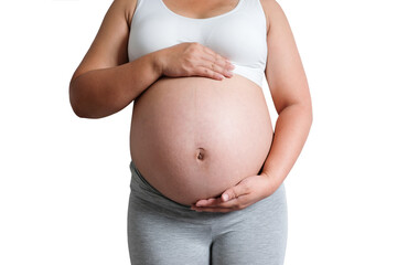 She's having a baby. Woman is pregnant touching belly with love of mother and baby. Relationship during family concept , Health concept.