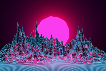3d rendering, Virtual reality, sunset between the mountains .Design in the style of the 80s.  Futuristic synthesizer retro wave illustration