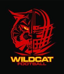 wildcat football team design with half mascot and facemask for school, college or league