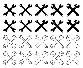 large set of crossed wrench icons for repair of various shapes. Vector on a white background