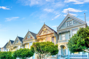 Late afternoon sun light up a row of Victorian houses known as Painted Ladies across from Alamo...