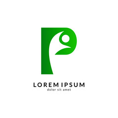 Obraz premium Human Letter P Logo Design. Initial Letter Combination With People Logo Concept. Unique Lettermark Symbol