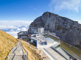 Pilatus Kulm station near the summit of Mount Pilatus on the border between the canton of Obwalden and Nidwalden in Central Switzerland.