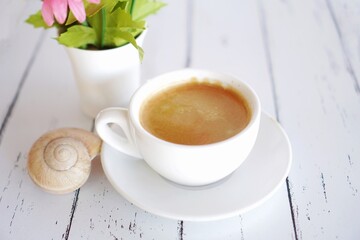 coffee on a white wooden table       
