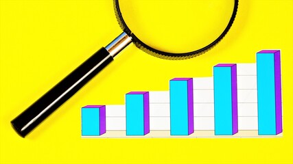 Information diagram of business growth. Research the result of profit success in the focus of a magnifying glass on the chart of the work report.