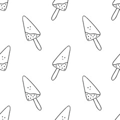 Seamless vector pattern with cartoon ice cream. Simple outline black and white drawing.