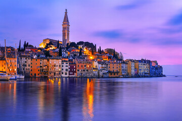 Fototapeta na wymiar Sunset of Rovinj town, Croatian. Wonderful romantic old town at Adriatic sea