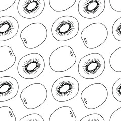 Seamless vector pattern with kiwi. Simple outline black and white drawing with fruit.