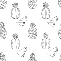 Seamless vector pattern with pineapples. Simple outline black and white drawing with fruit.