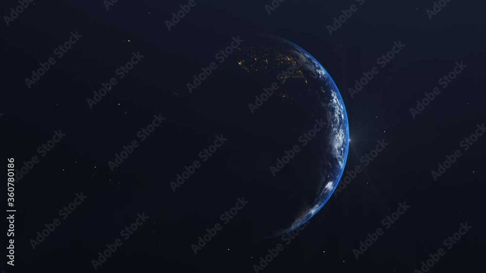 Wall mural seamless loop earth spinning in space view with shining sunrise in universe and galaxy background
