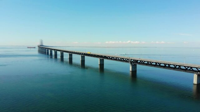 View of &Oslash;resundsbron from Sweden to Danmark, drone flying along the bridge