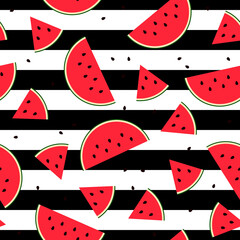 Seamless Watermelon slice pattern. Flat Sweet fresh fruit on white black striped background. Colorful bright summer food. Red cut melon with seeds. Vector illustration for prints, wallpapers, clothes