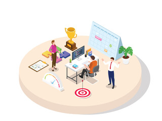 Employees work professional focus on target high motivation add knowledge skill experience will get promotion of career development with isometric isometry 3d flat cartoon style.