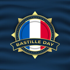 Fototapeta premium bastille day background illustration with gold emblem and waving flag vector