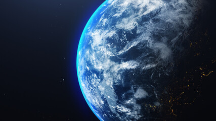 Earth in space view with shining sunrise in universe and galaxy background
