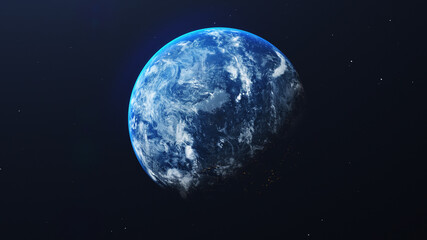 Earth in space view with shining sunrise in universe and galaxy background