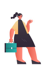 happy businesswoman holding briefcase attractive business woman office worker in casual clothes female cartoon character full length vertical vector illustration