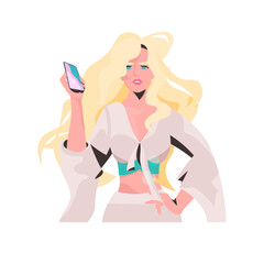 fashion woman using smartphone beautiful girl model in trendy clothes female cartoon character portrait isolated vector illustration