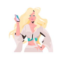 fashion woman using smartphone beautiful girl model in trendy clothes female cartoon character portrait isolated vector illustration