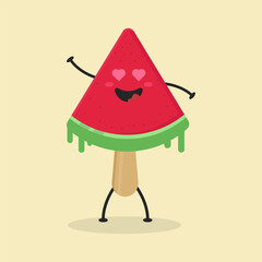 Cute Flat Cartoon Watermelon Ice Cream Illustration. Vector illustration of cute ice cream with a smiling expression. Cute watermelon ice cream mascot design