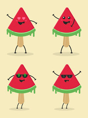 Cute Flat Cartoon Watermelon Ice Cream Illustration. Vector illustration of cute ice cream with a smiling expression. Cute watermelon ice cream mascot design