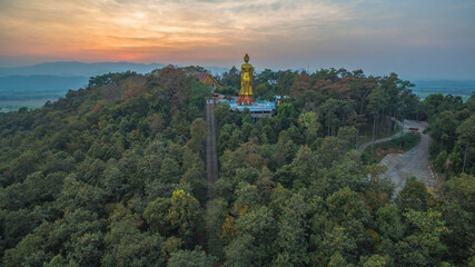 Fototapeta premium .aerial view stairway to the highest temple Wat Prathat Doi Wao at Mae Sai Chiang Rai Thailand