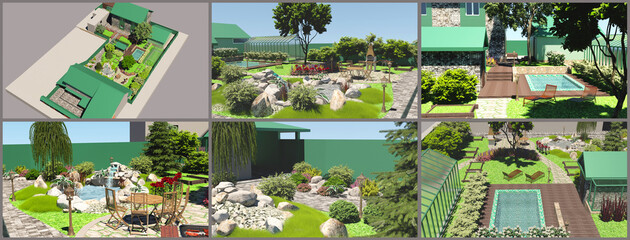 Design of the garden. A set of illustrations on the landscape design of the garden.