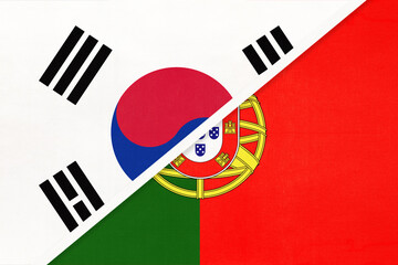 South Korea and Portugal, symbol of national flags from textile. Championship between two countries.