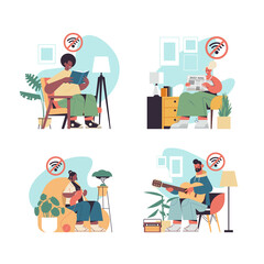 set people spending time without gadgets digital detox offline activities concept mix race men women abandoning internet social networks full length vector illustration