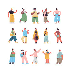 set cute people in casual trendy clothes mix race men women standing in different poses male female cartoon characters collection full length isolated vector illustration