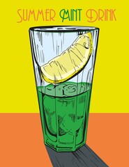 Summer mint drink. Peppermint cocktail. Hand drawn vector  illustration. Menthe drink.