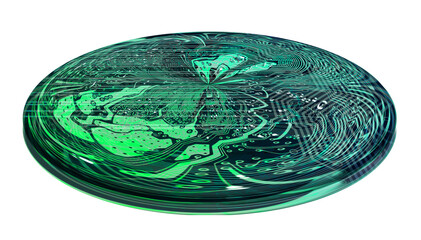 One crypto currency coin with circuit board of computer motherboard pattern, isolated on white background. Concept.