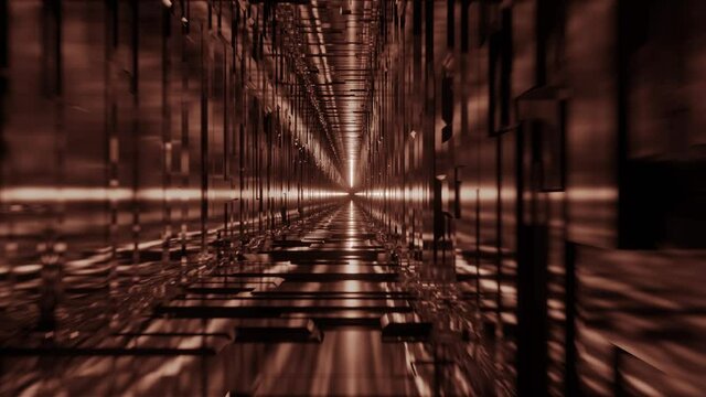 Endless looping reflective tunnel. Unexplained bright light in distance. Spaceflight to inner core. Unknown underground subway. Copper brown tone.