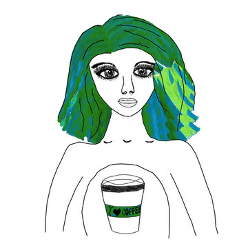 a coffee girl with a green hair