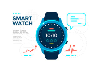 Blue Smartwatch with app icons. Flat vector illustration electronic device.