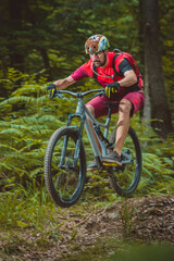 Fototapeta na wymiar Side view of young caucasian male jumping with a mountain bike over a jump on a singletrail. Epic ride with a modern mountain bike on a trail park.