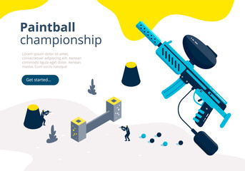 Paintball championship with an isometric battle scene and flat gun