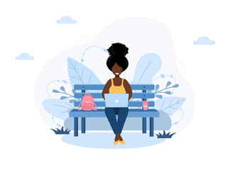 Women freelance. African girl with laptop sitting on bench in park. Concept illustration for working outdoors, studying, communication, healthy lifestyle. Vector illustration in flat style.