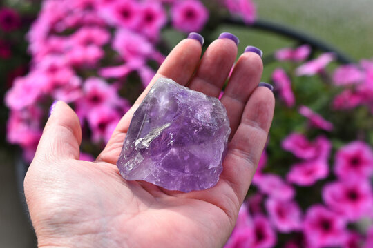 A close up image of a hand holding a large purple amethyst crystal. 