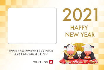2021年　丑年の年賀状　福助とおたふくの粘土人形