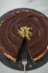 sweet home made chocolate elderflower cake on a table
